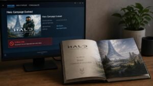 Illustration éditoriale de Halo: Campaign Evolved bloqué sur Steam, l’artbook s’ouvre seul
