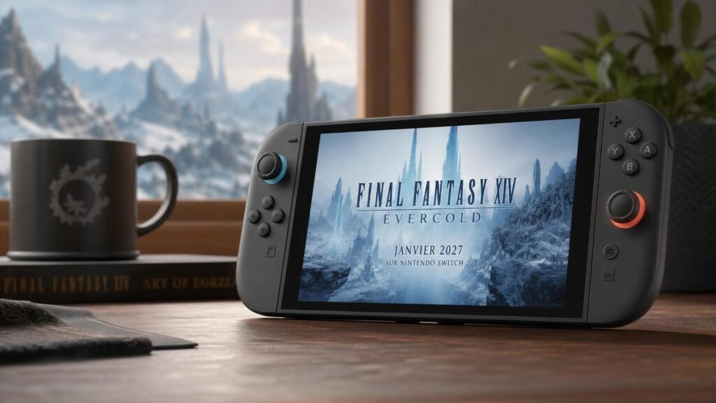 Illustration éditoriale de Final Fantasy XIV Evercold daté janvier 2027 sur Switch 2