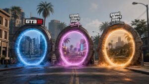 Illustration éditoriale de GTA multiverse: un mod relie GTA 3, Vice City et San Andreas via des portails