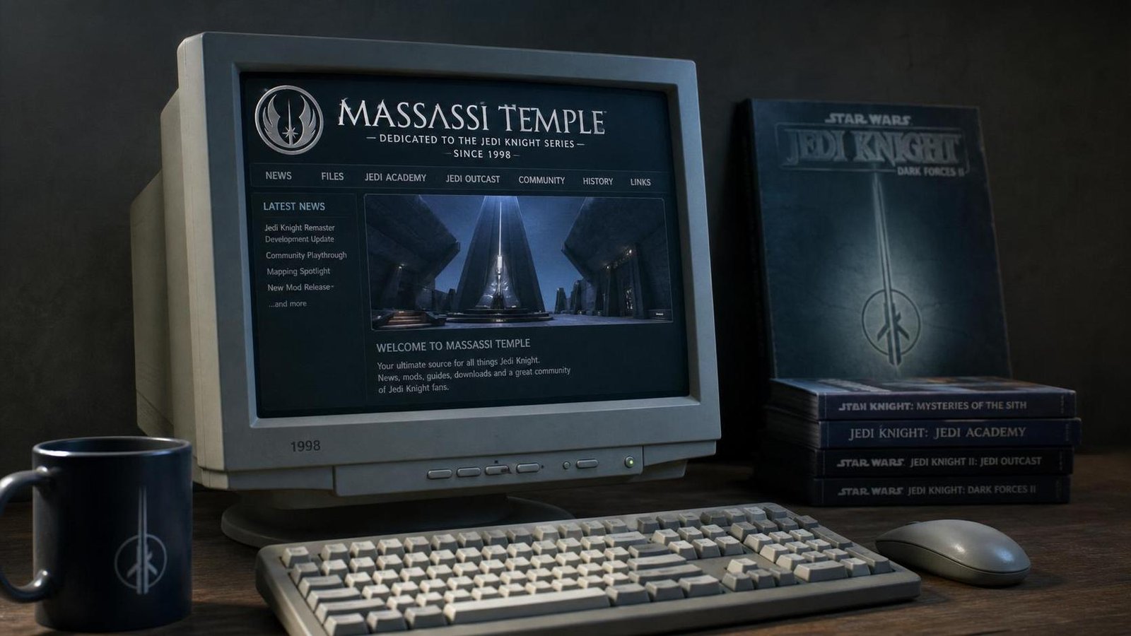 Illustration éditoriale de Jedi Knight : l’histoire du fansite Massassi Temple depuis 1998