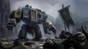 Illustration éditoriale de Bjorn the Fell-handed: le Dreadnought Space Wolves affronte la Death Guard