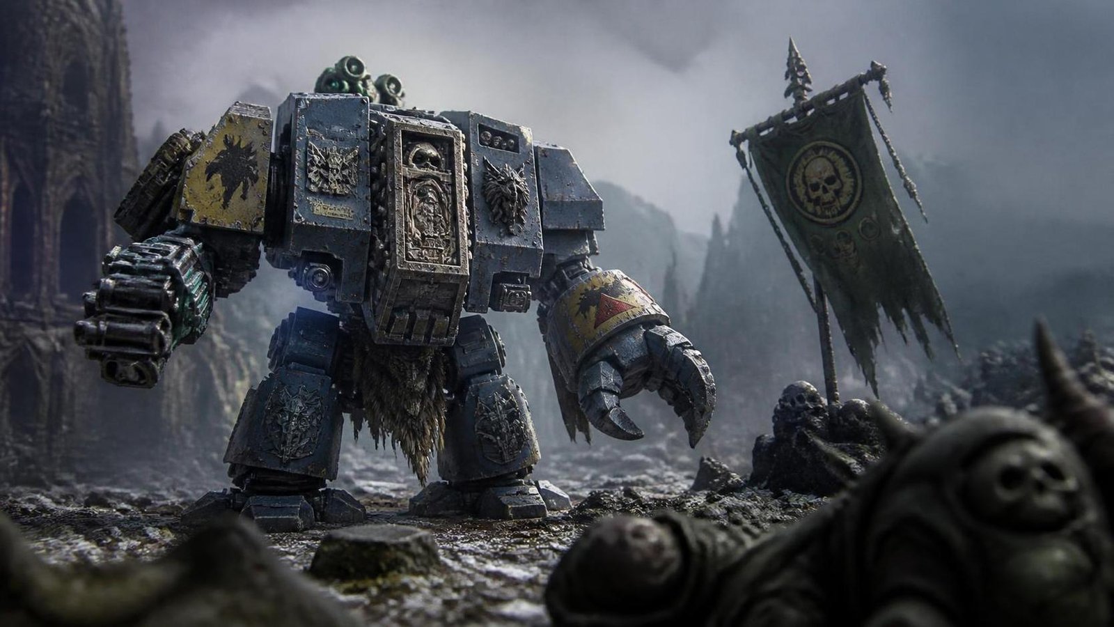 Illustration éditoriale de Bjorn the Fell-handed: le Dreadnought Space Wolves affronte la Death Guard