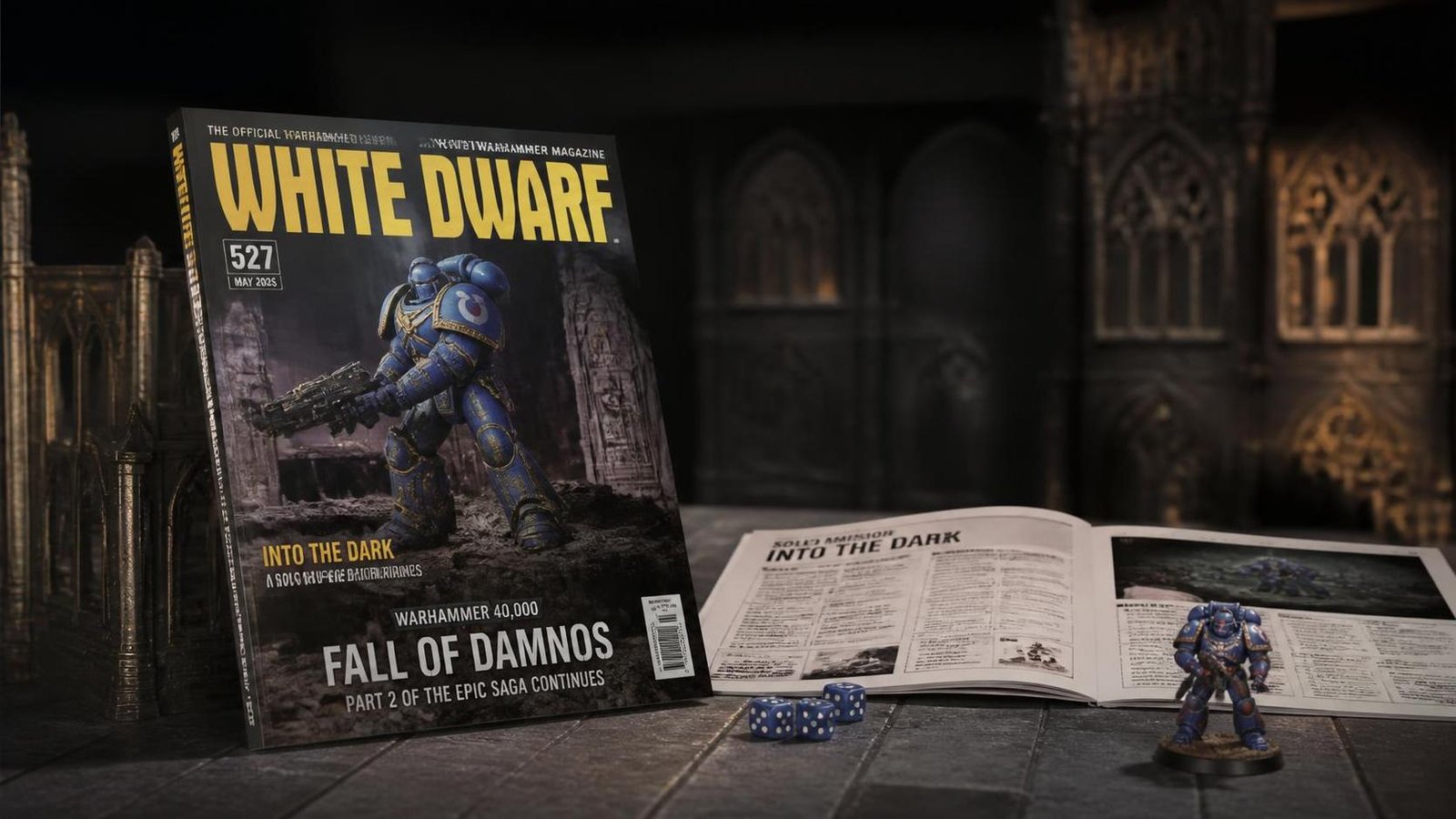 Illustration éditoriale de Warhammer 40,000 : nouveautés de White Dwarf 527 et missions solo