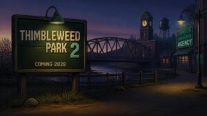 Illustration éditoriale de Thimbleweed Park 2 annoncé pour 2028 par Ron Gilbert et Gary Winnick