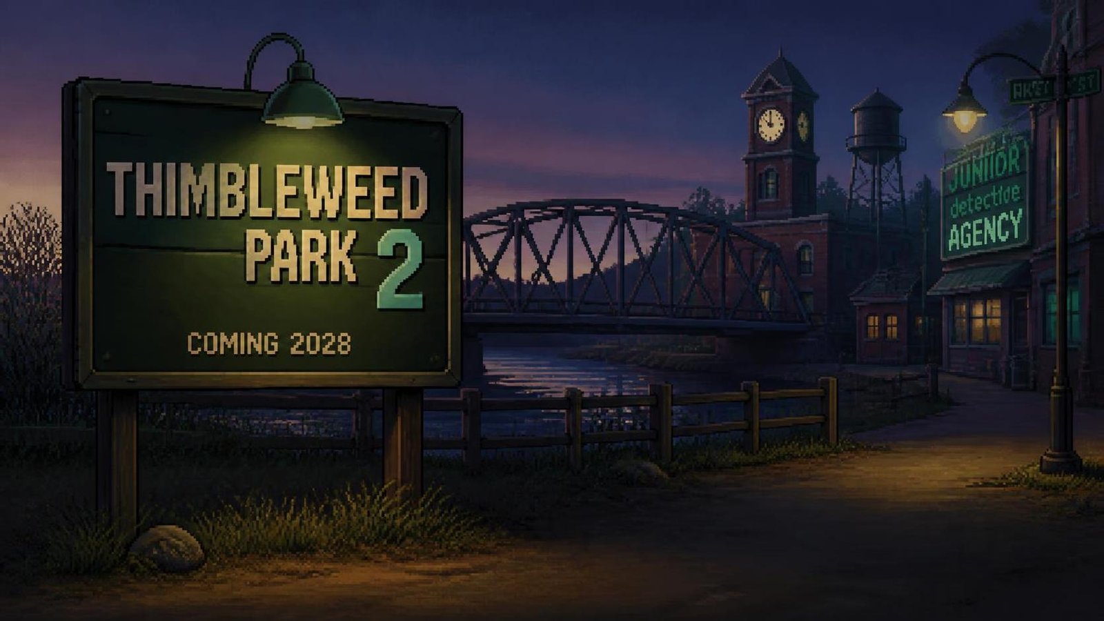Illustration éditoriale de Thimbleweed Park 2 annoncé pour 2028 par Ron Gilbert et Gary Winnick