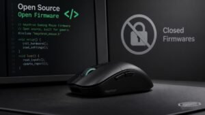 Illustration éditoriale de Keychron’s Gaming Mouse : firmware open source et critique des firmwares fermés