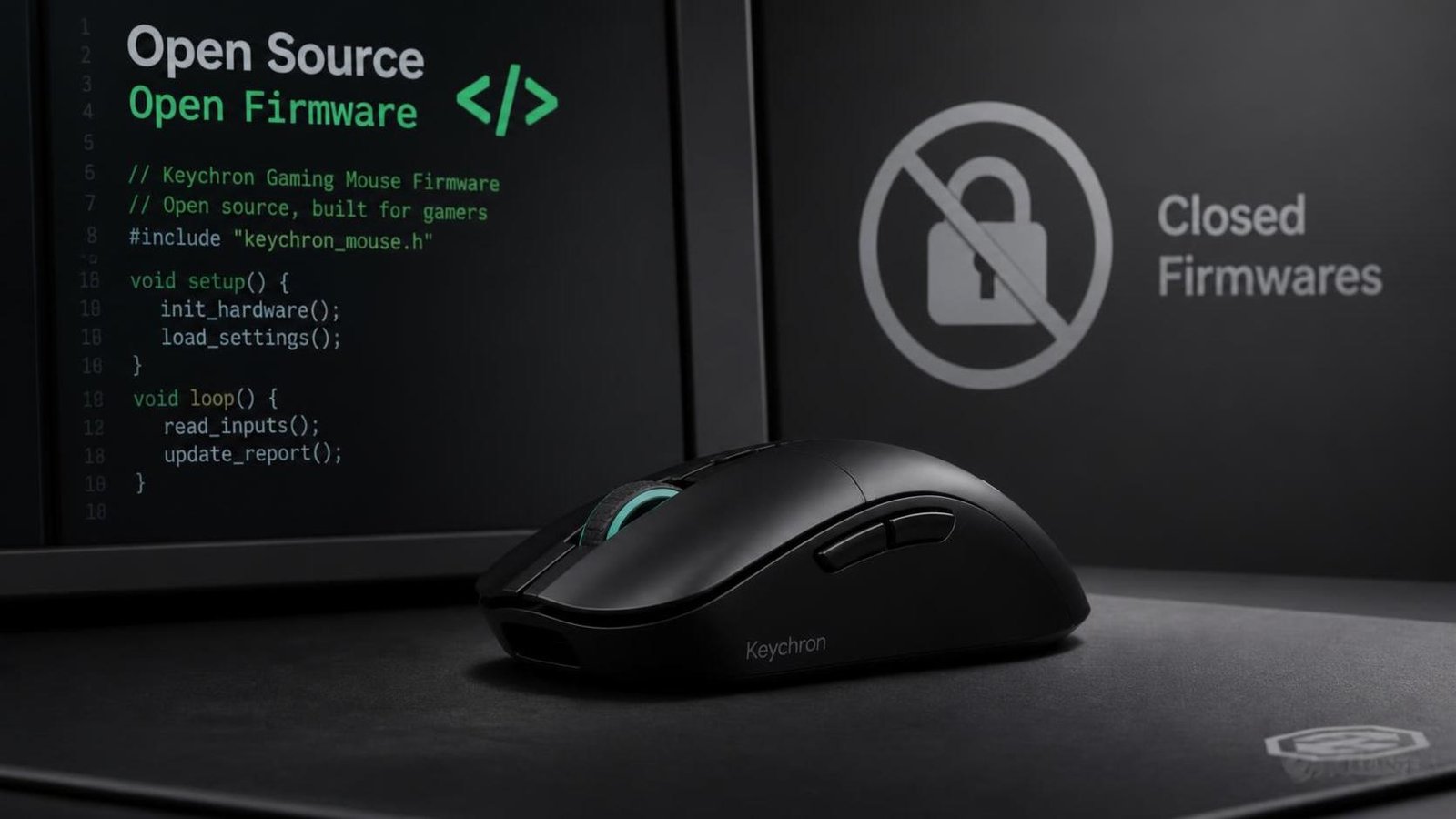 Illustration éditoriale de Keychron’s Gaming Mouse : firmware open source et critique des firmwares fermés