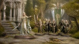 Illustration éditoriale de Middle-earth Strategy Battle Game : Galadriel et les Elfes de Lórien en Made to Order
