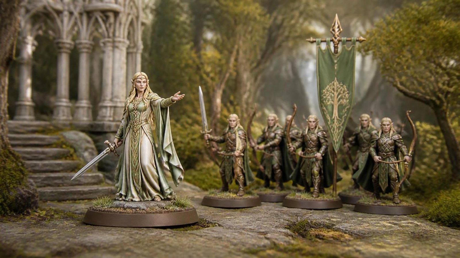 Illustration éditoriale de Middle-earth Strategy Battle Game : Galadriel et les Elfes de Lórien en Made to Order
