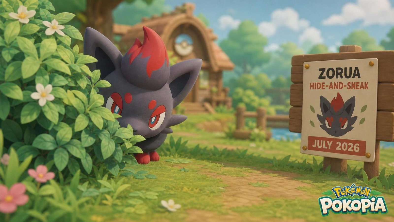Illustration éditoriale de Pokémon Pokopia : guide de l’événement Zorua Hide-and-Sneak de juillet 2026