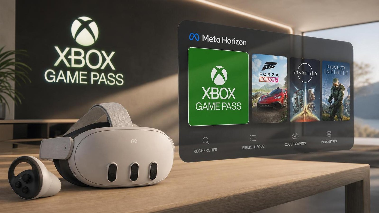 Illustration éditoriale de XBOX Game Pass : intégration Meta Horizon pour jouer en VR et cloud