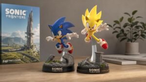 Illustration éditoriale de Sonic Frontiers : statues F4F Sonic et Super Sonic en précommande