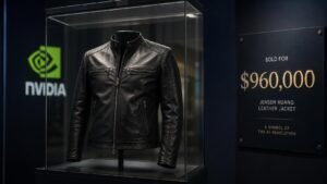 Illustration éditoriale de One of Nvidia CEO Jensen Huang's leather jackets a été vendu 960 000 $ et devient symbole de la révolution IA