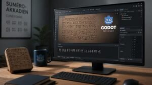 Illustration éditoriale de Godot supporte nativement le suméro-akkadien en cunéiforme