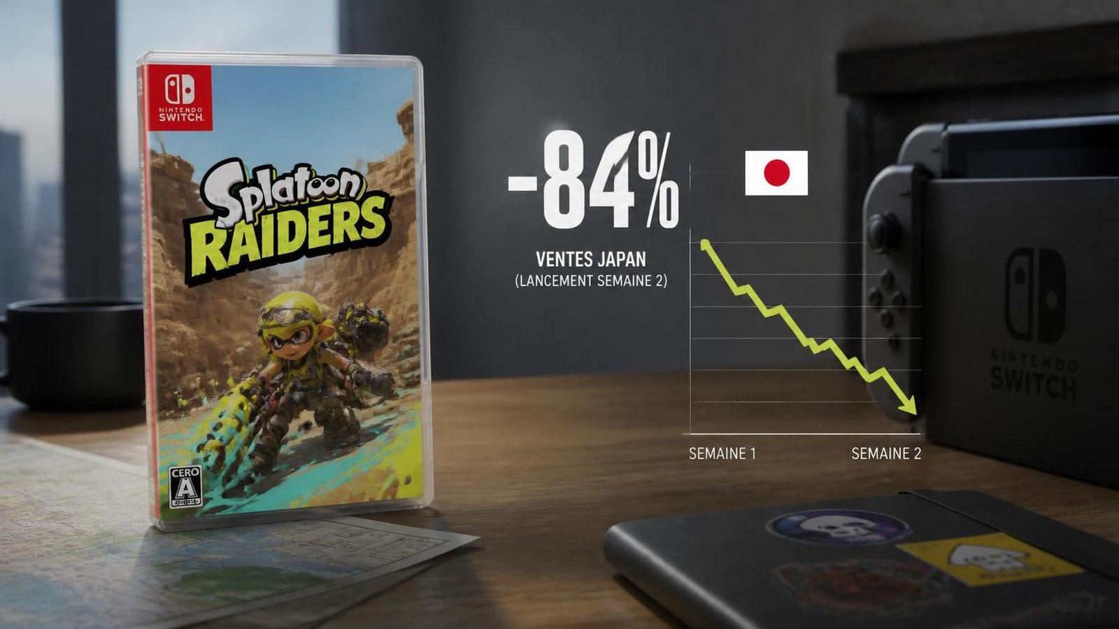 Illustration éditoriale de Splatoon Raiders chute de 84 % au Japon mais reste numéro un