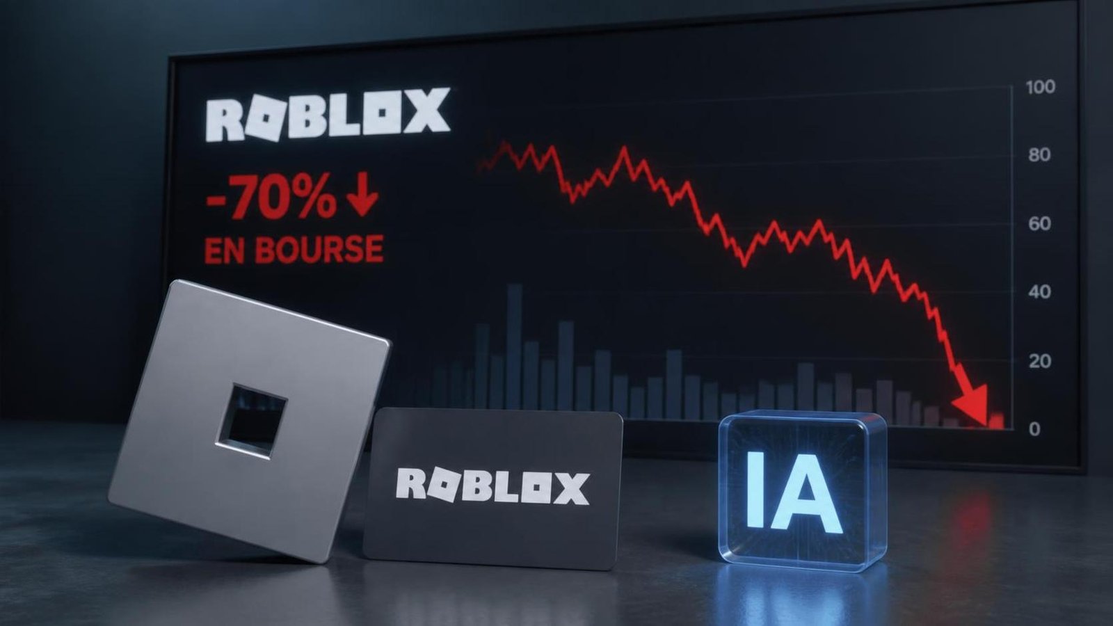 Illustration éditoriale de Roblox chute de 70 % en Bourse après une baisse durable des joueurs, l’IA en renfort
