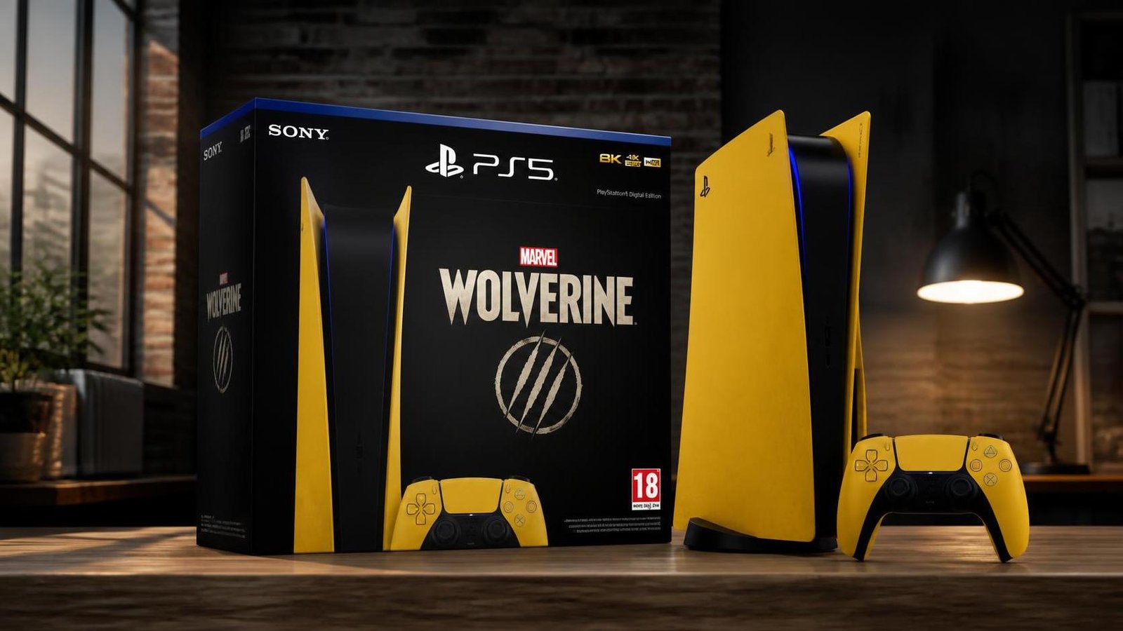 Illustration éditoriale de Marvel’s Wolverine : PS5 Digital Edition jaune en bundle