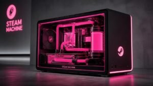 Illustration éditoriale de The world's first water-cooled Steam Machine en néon rose