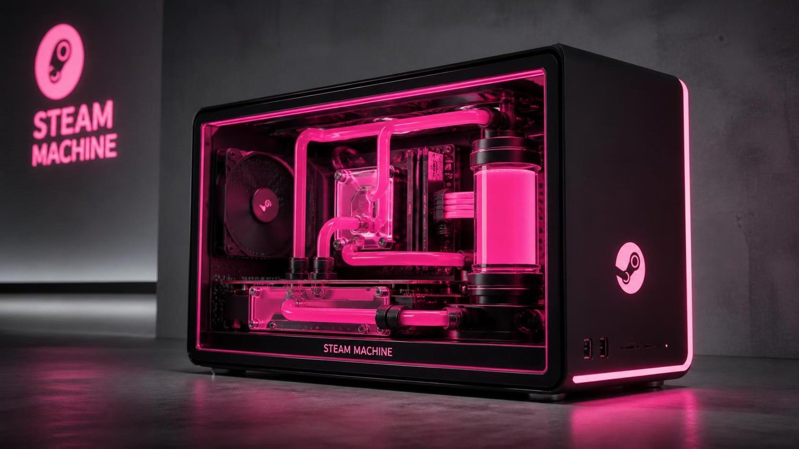 Illustration éditoriale de The world's first water-cooled Steam Machine en néon rose