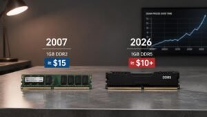Illustration éditoriale de A researcher says 'we just undid about 20 years of progress' compare les prix de la RAM 2007 vs 2026