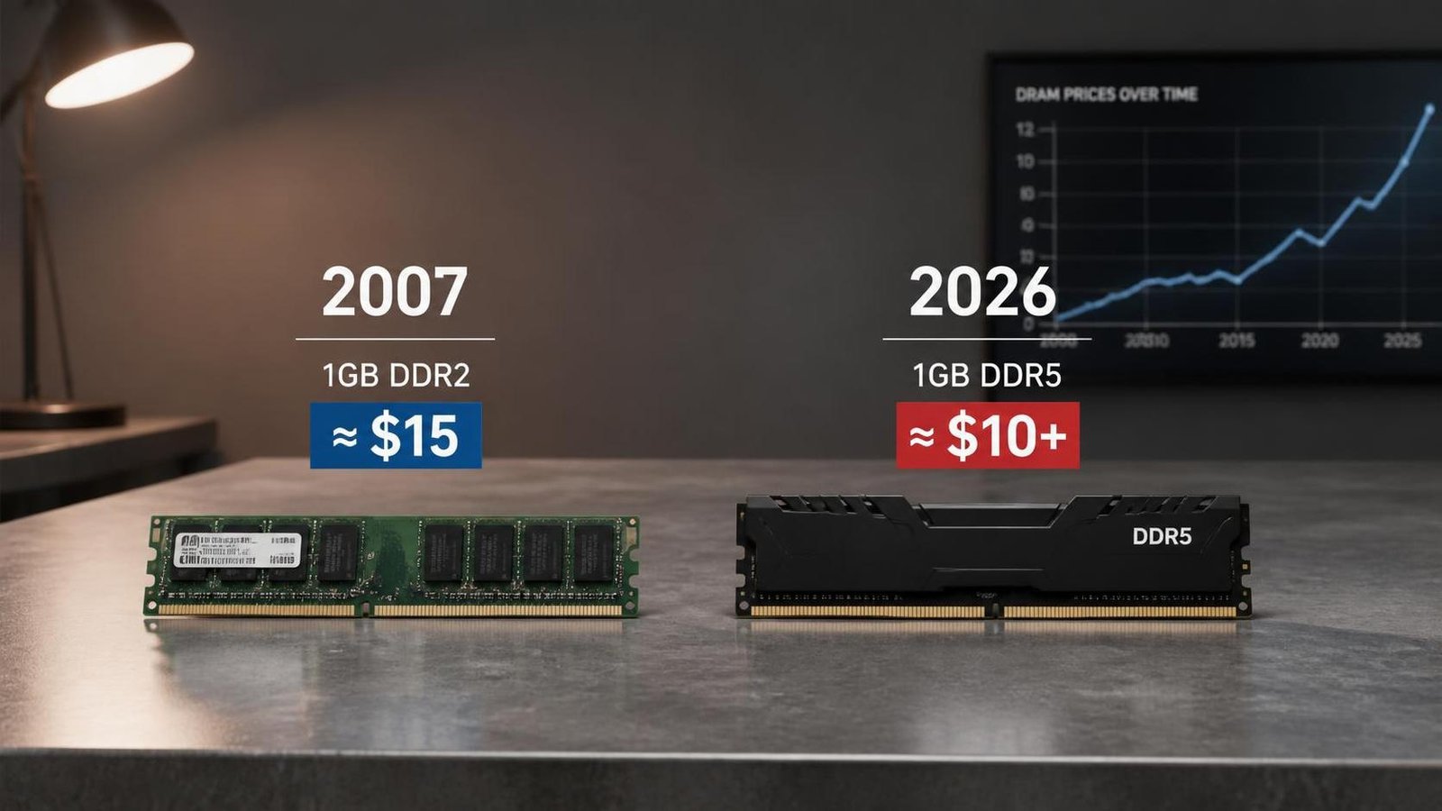 Illustration éditoriale de A researcher says 'we just undid about 20 years of progress' compare les prix de la RAM 2007 vs 2026