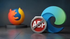 Illustration éditoriale de Firefox stunts on Edge: Microsoft prévoit de neutraliser les adblockers