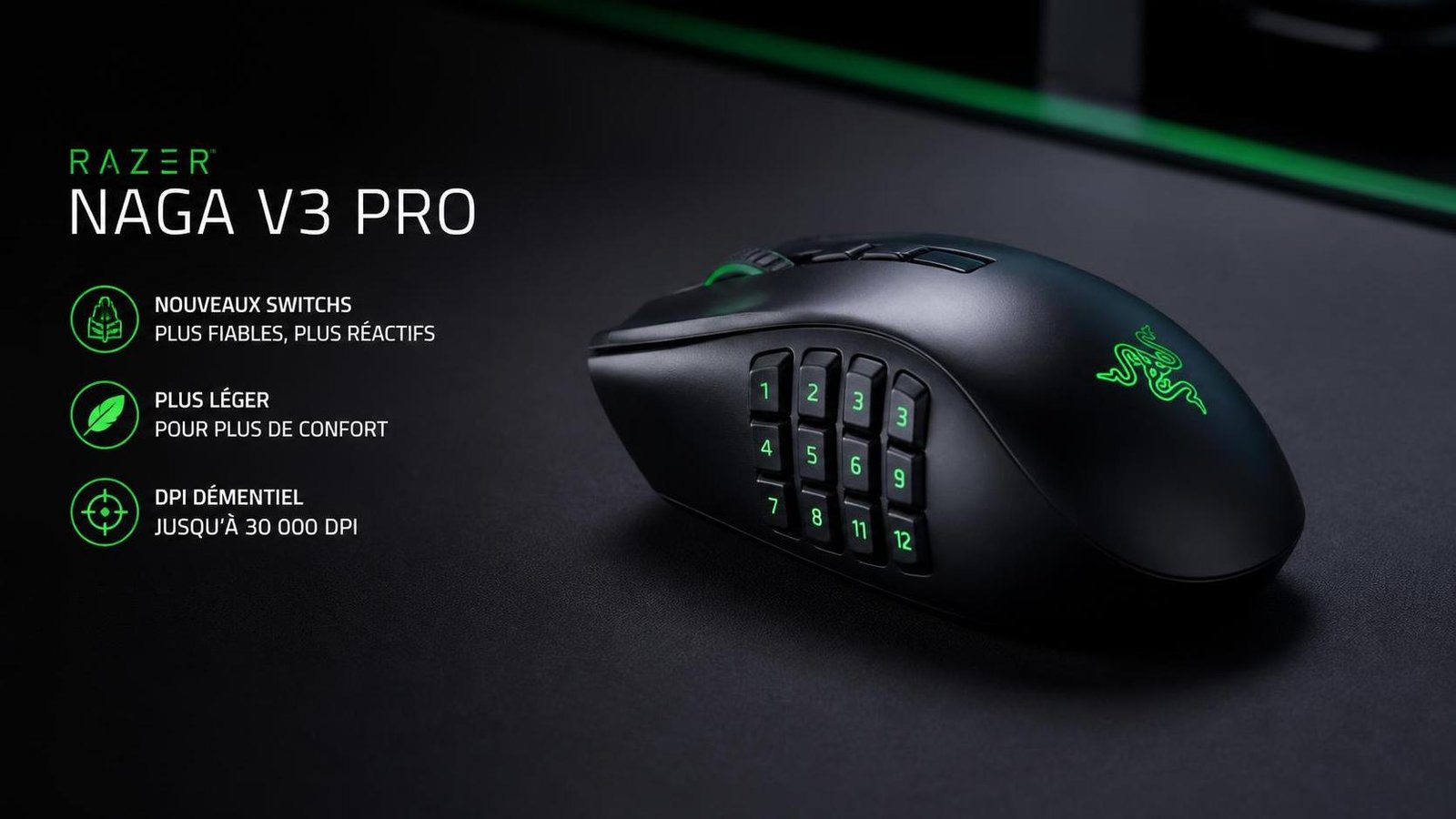 Illustration éditoriale de Razer Naga V3 Pro : nouveaux switchs, plus léger, DPI démentiel