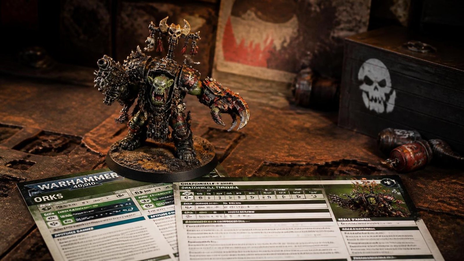 Illustration éditoriale de Warhammer 40,000 : premières datasheets Orks et Ghazghkull renforcé