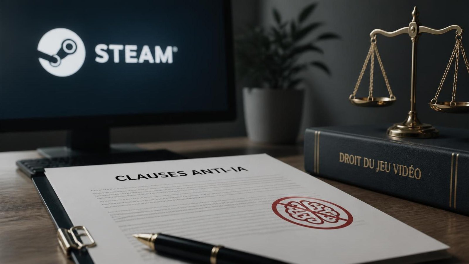 Illustration éditoriale de Steam: un avocat jeu vidéo impose des clauses anti-IA en 2024