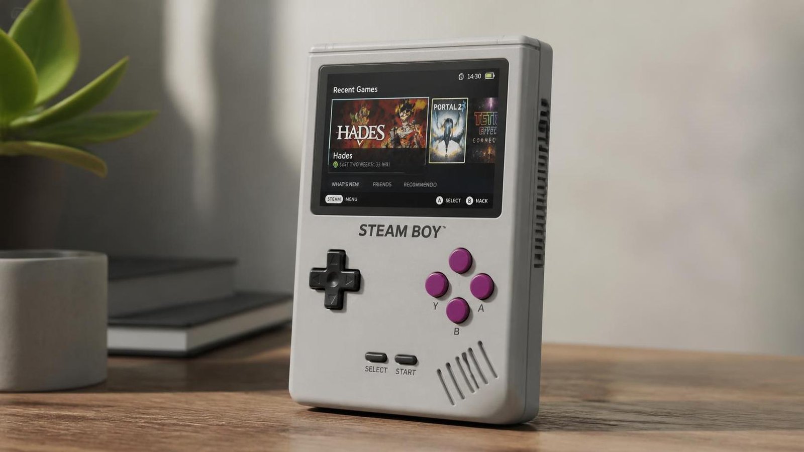 Illustration éditoriale de Is it a bird? Is it a plane? No, it's the Steam Boy : un Steam Deck dans un châssis façon Game Boy