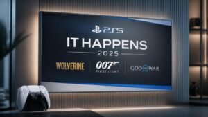 Illustration éditoriale de PS5 It Happens met en avant Wolverine, 007 First Light et God of War