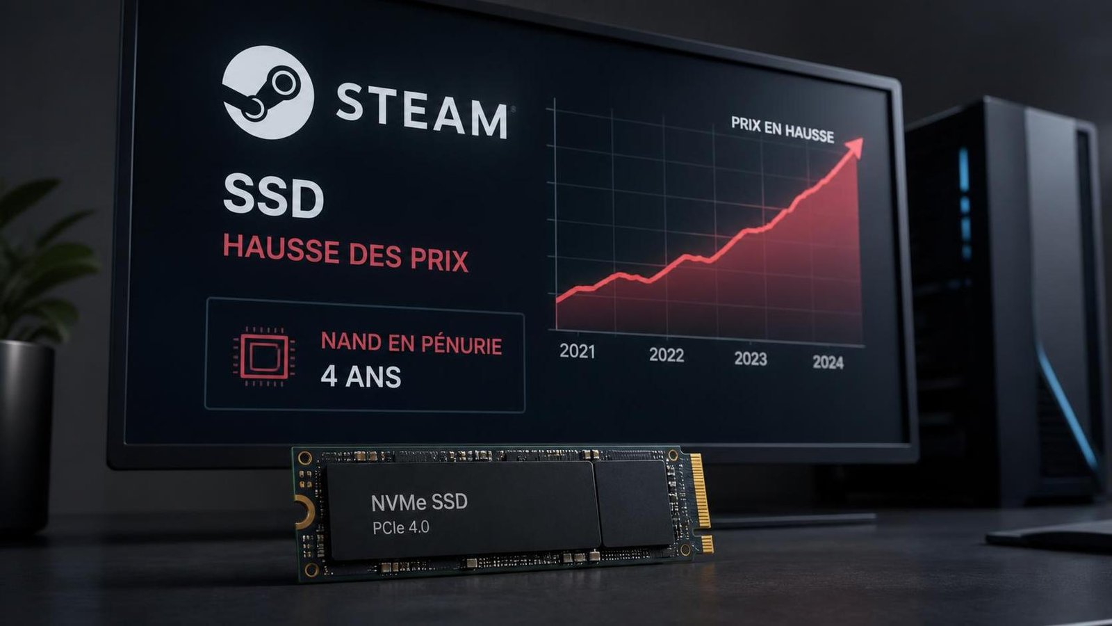 Illustration éditoriale de Steam SSD : hausse durable des prix, offre NAND en pénurie 4 ans