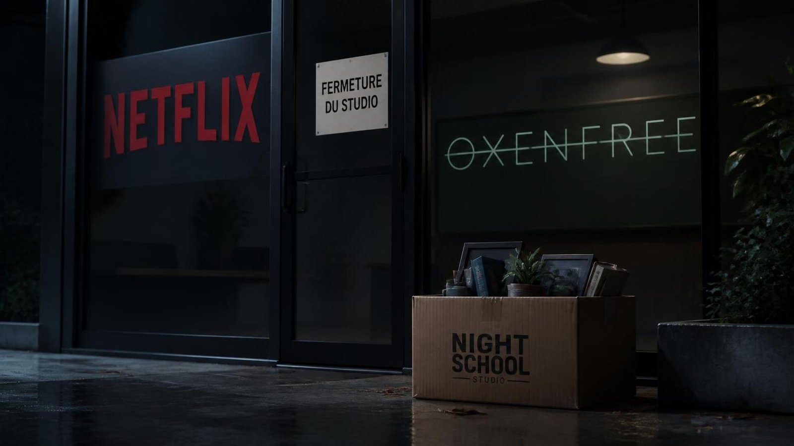 Illustration éditoriale de Netflix ferme Night School Studio, le développeur d’Oxenfree