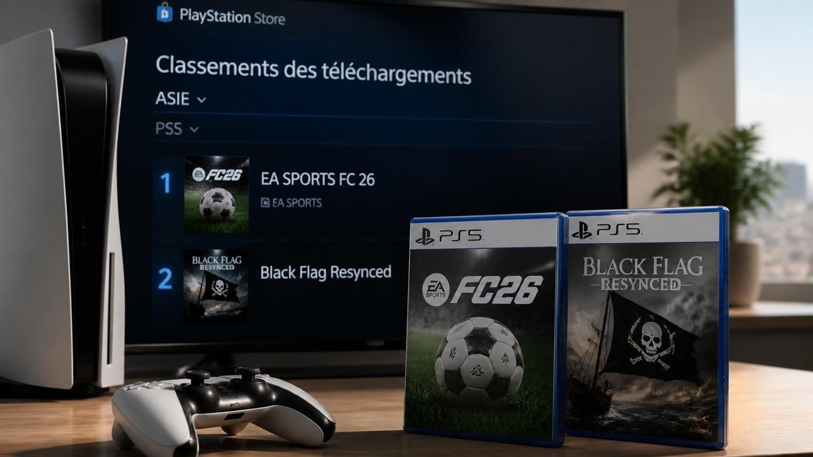Illustration éditoriale de EA SPORTS FC 26 et Black Flag Resynced dominent les téléchargements PS5 en Asie
