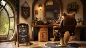 Illustration éditoriale de Beastfolk Barber, sim de coiffure adorable riche en ragots