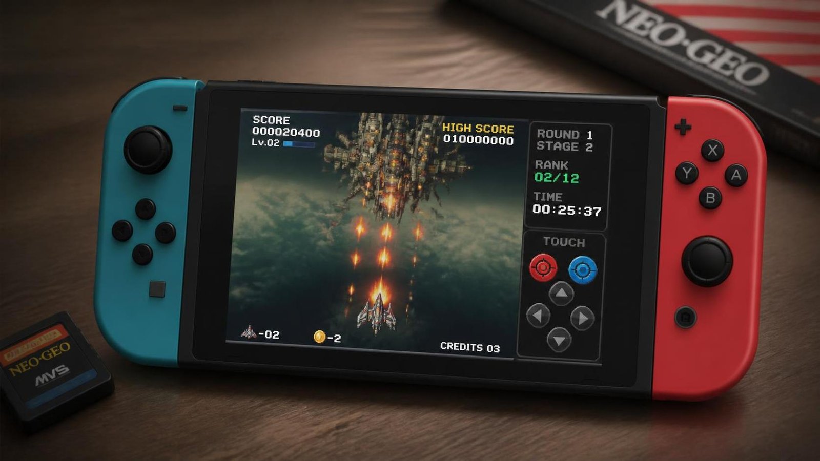 Illustration éditoriale de Project Neon : shoot’em up Neo Geo sur Switch avec mode Course et écran tactile