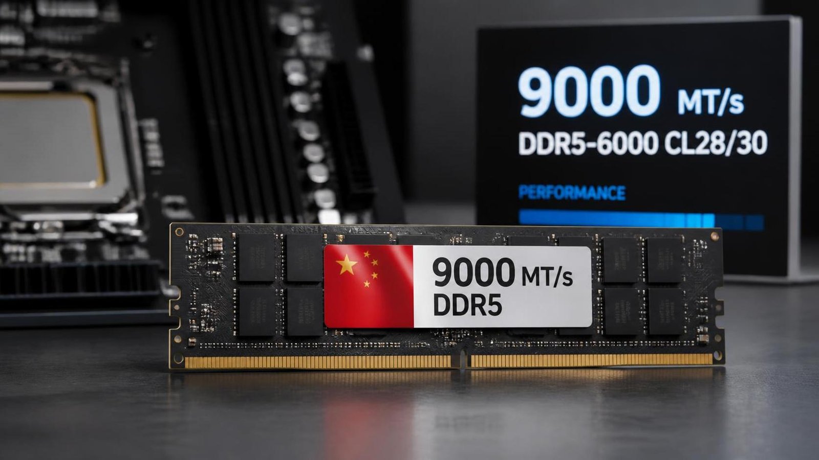 Illustration éditoriale de Chinese RAM atteint 9000 MT/s et rivalise DDR5-6000 CL28/30