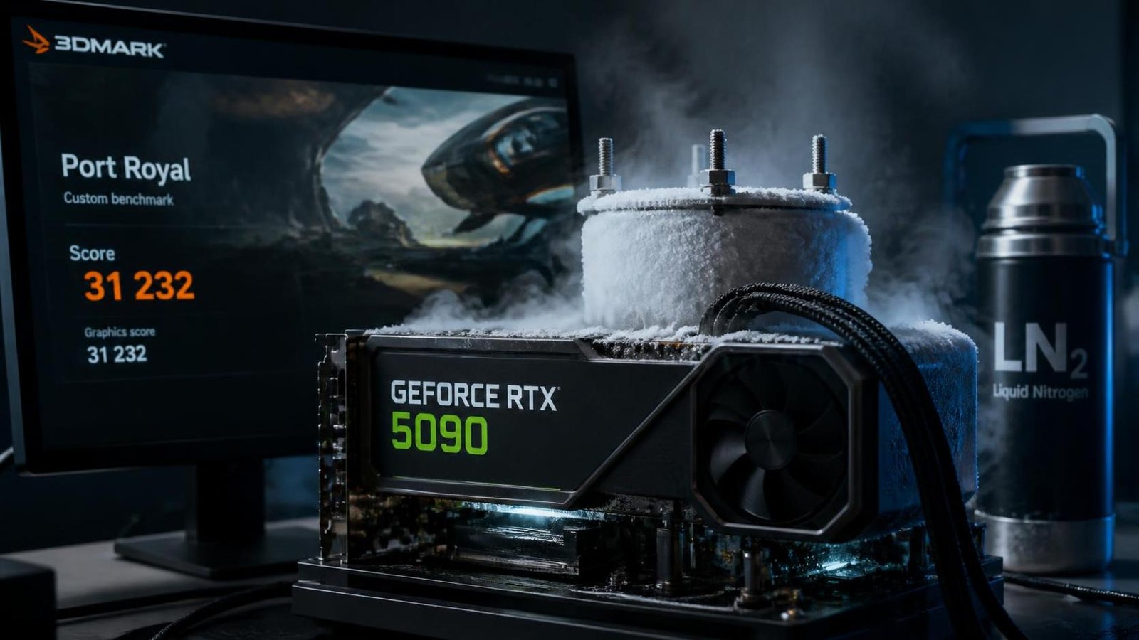 Illustration éditoriale de 3DMark Port Royal bat un record avec une RTX 5090 à l’azote