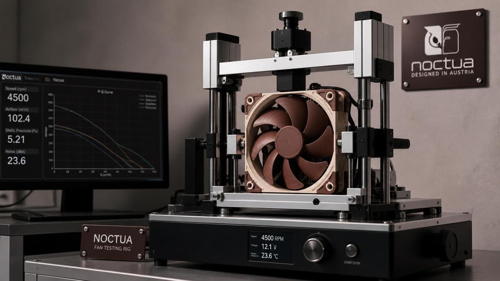 Illustration éditoriale de Noctua montre des rigs de torture sur mesure pour tester ses ventilateurs