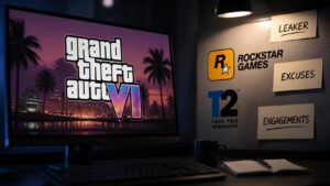 Illustration éditoriale de GTA 6 : un leaker menace Rockstar et Take-Two, exige des excuses et des engagements