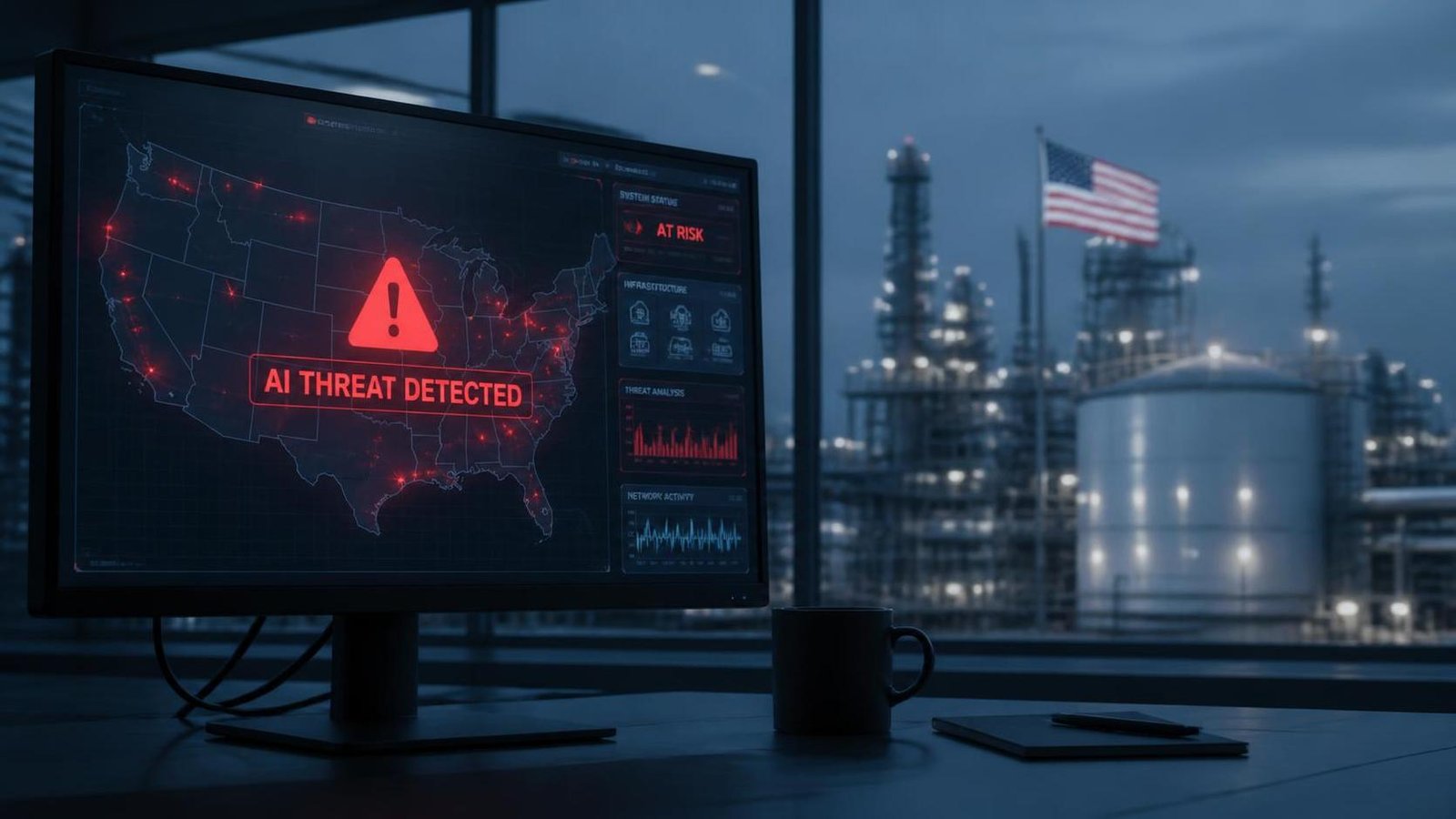 Illustration éditoriale de This is not a theoretical risk alerte: menaces IA sur infrastructures US