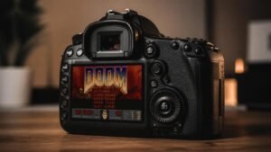 Illustration éditoriale de Doom tourne sur un appareil photo reflex : démonstration insolite