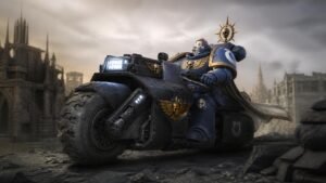 Illustration éditoriale de Warhammer 40,000 révèle un nouveau Space Marine Captain à moto