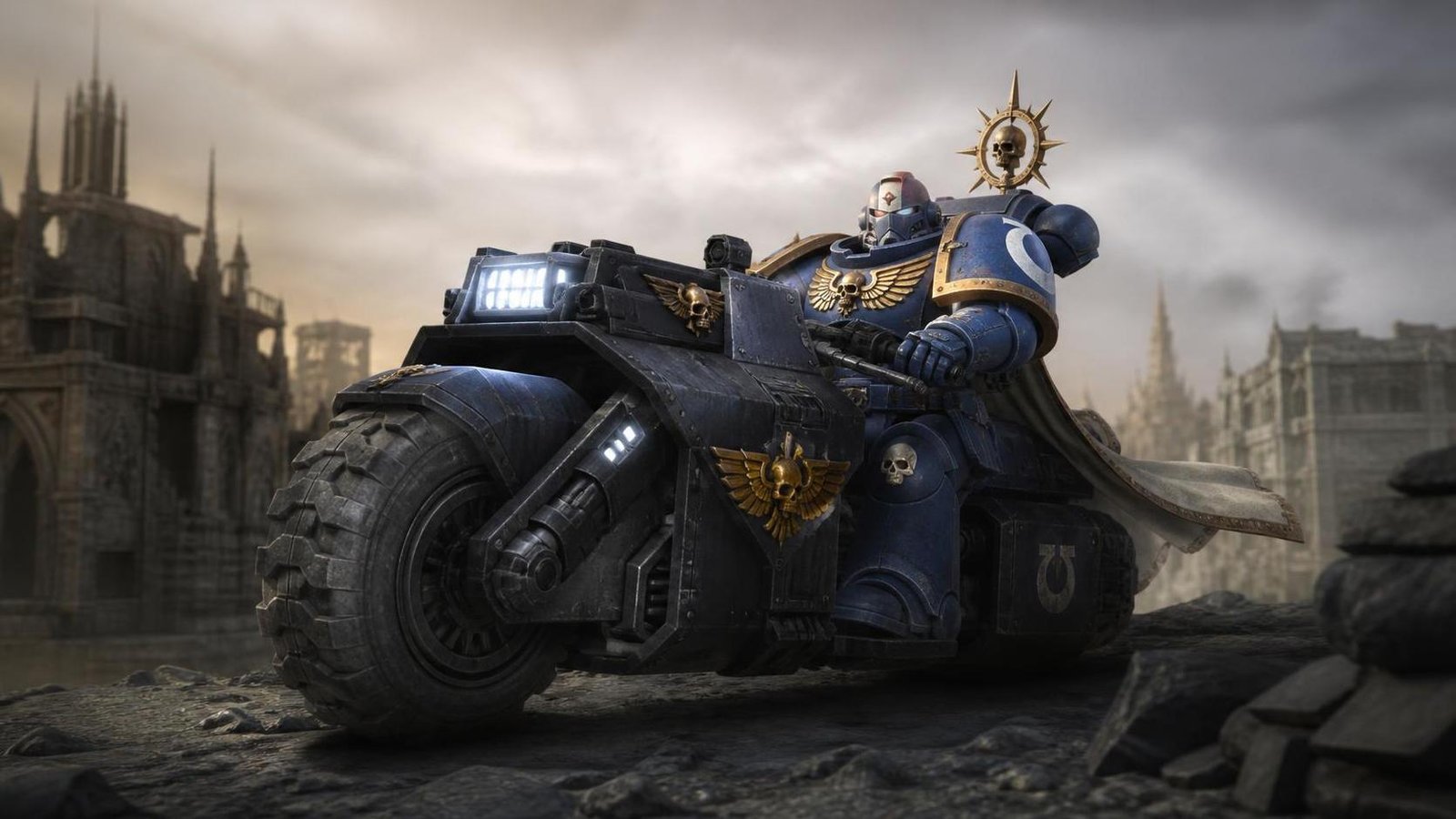 Illustration éditoriale de Warhammer 40,000 révèle un nouveau Space Marine Captain à moto