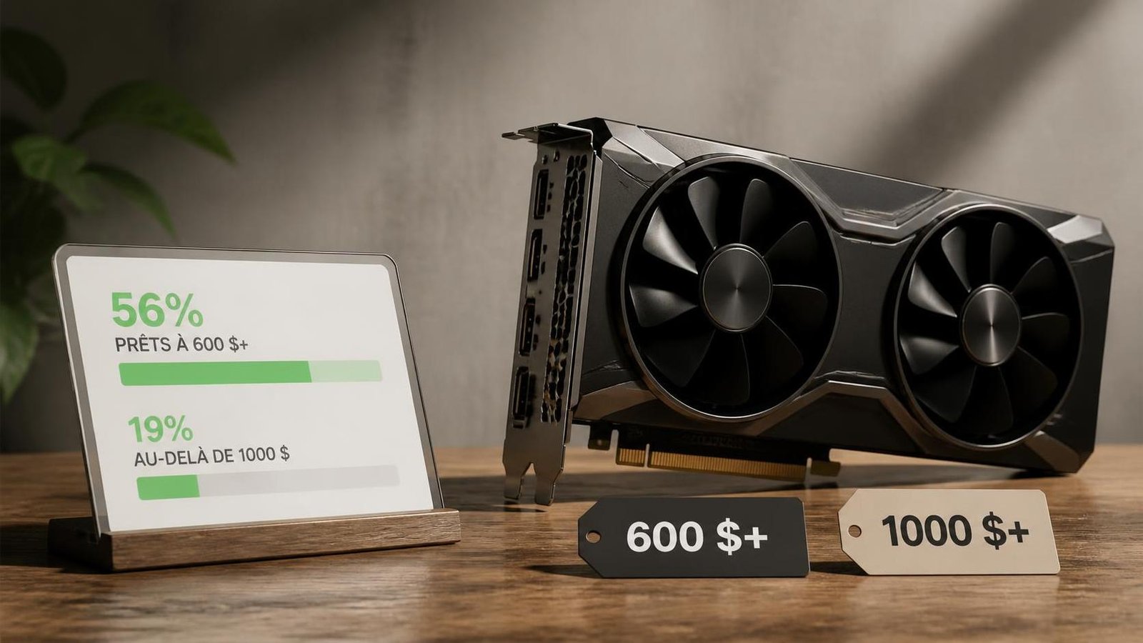 Illustration éditoriale de Don't tell Nvidia : 56 % prêts à 600 $+, 19 % au-delà de 1000 $ pour GPU