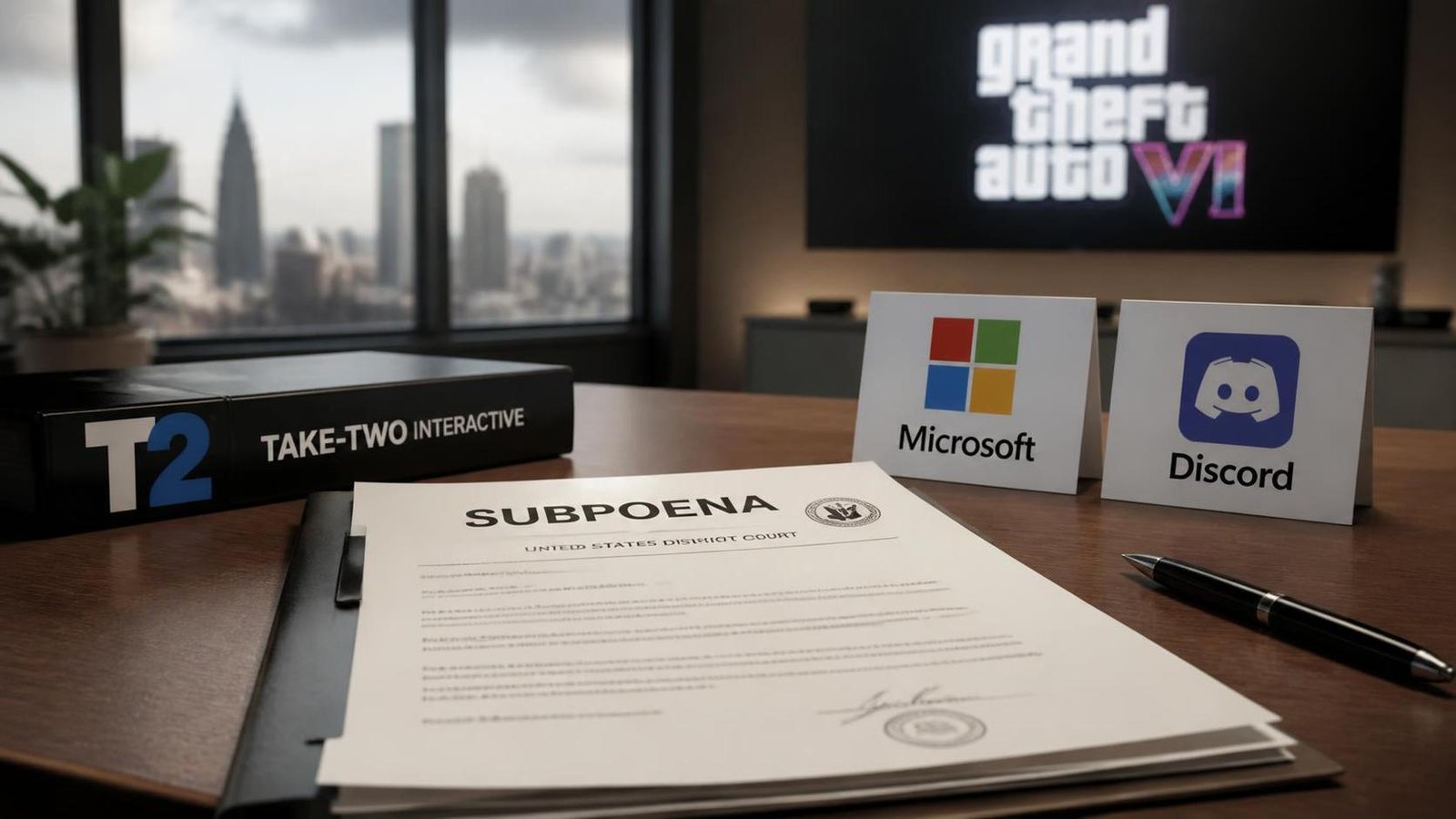 Illustration éditoriale de GTA 6 : Take-Two traque les fuites, subpoenas à Microsoft et Discord