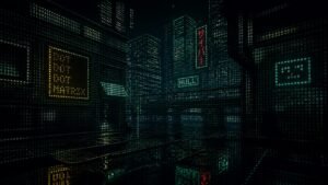Illustration éditoriale de Dot Dot Dot Matrix : une cité cyberpunk ASCII entièrement explorable
