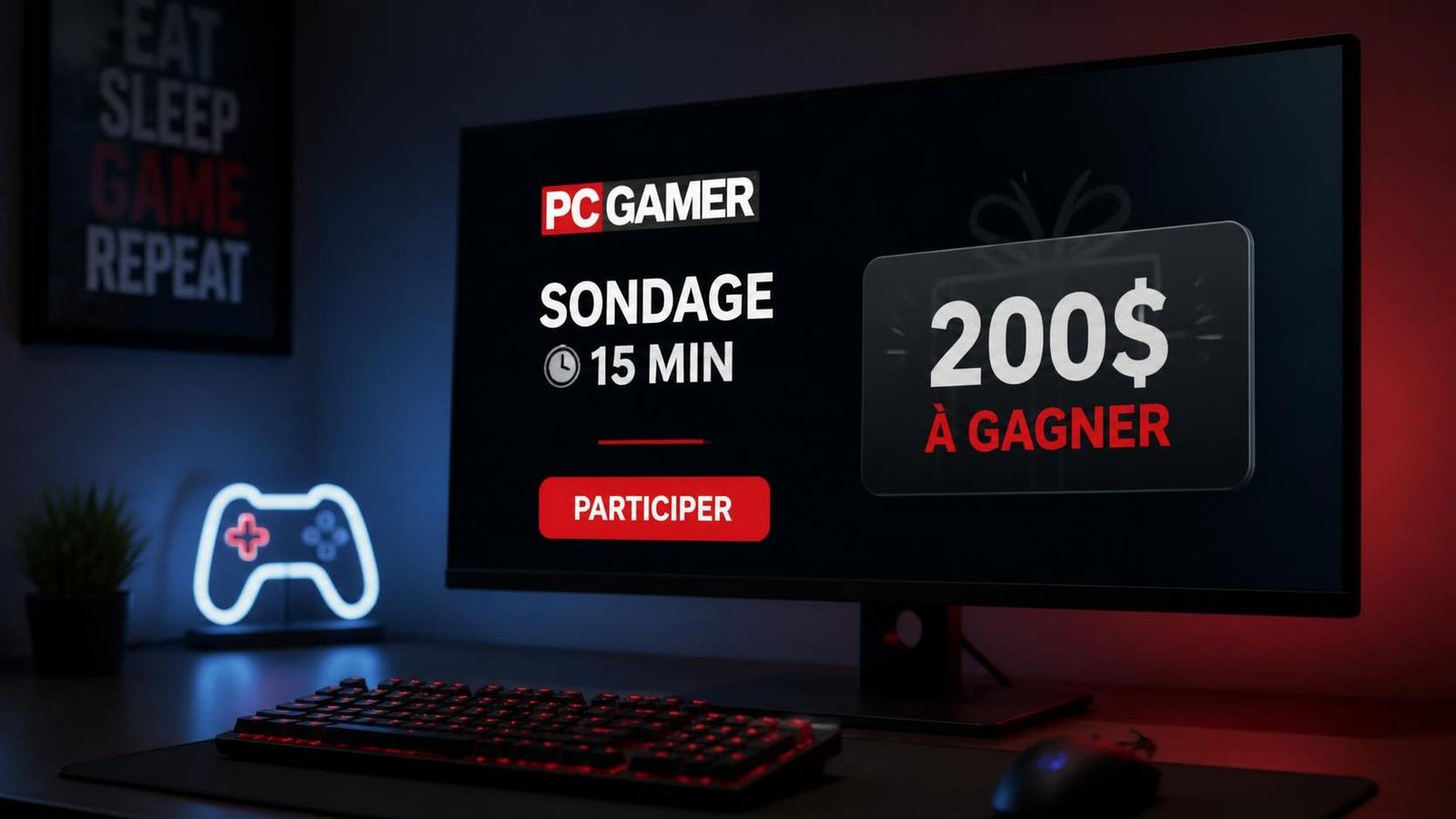 Illustration éditoriale de PC Gamer lance un sondage de 15 min avec 200 $ à gagner