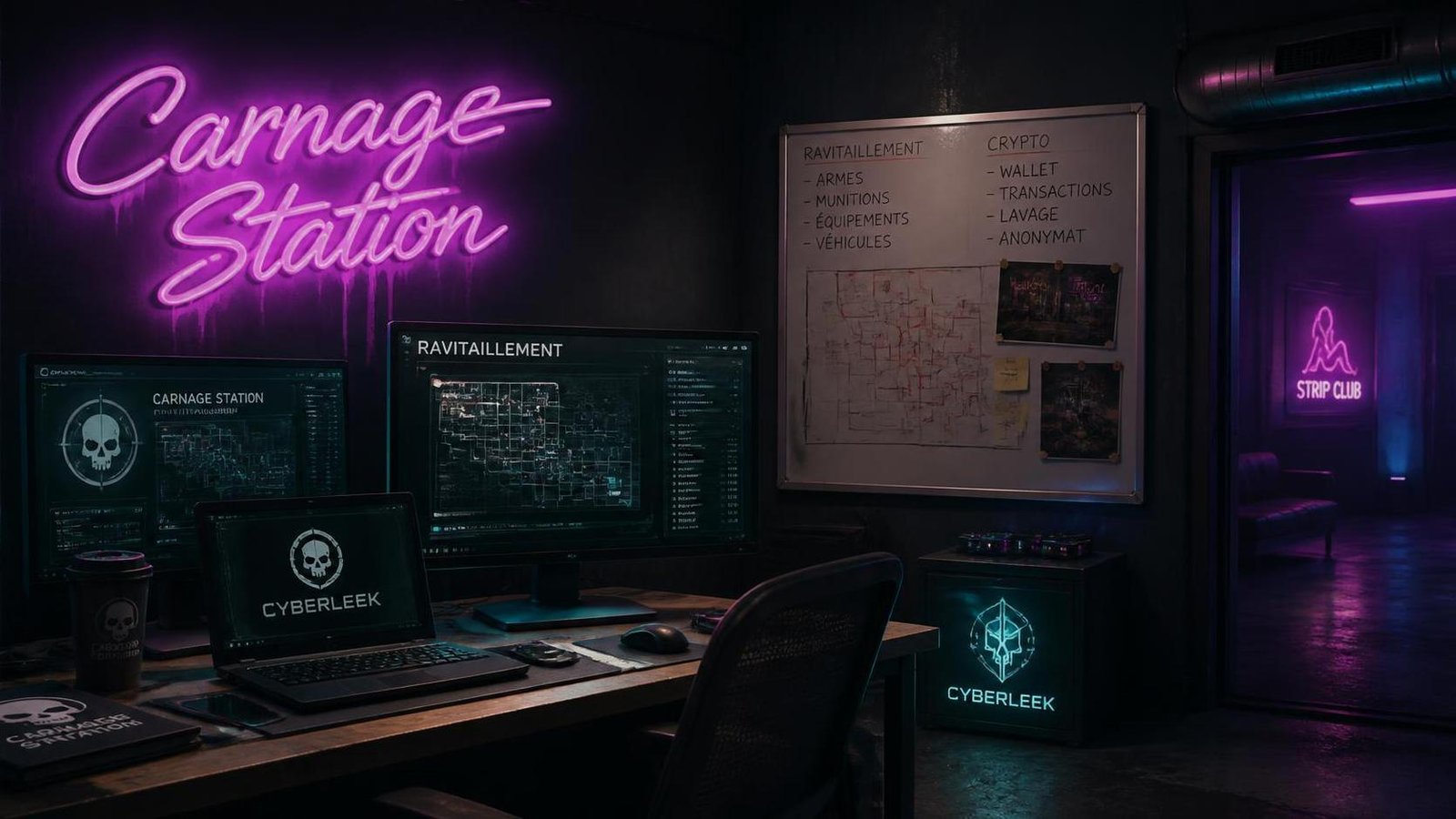 Illustration éditoriale de GTA 6 fuites Cyberleek: carnage station, ravitaillement, crypto et strip club