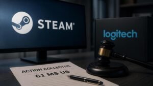 Illustration éditoriale de Steam : action collective contre Logitech après remboursement de 61 M$ US